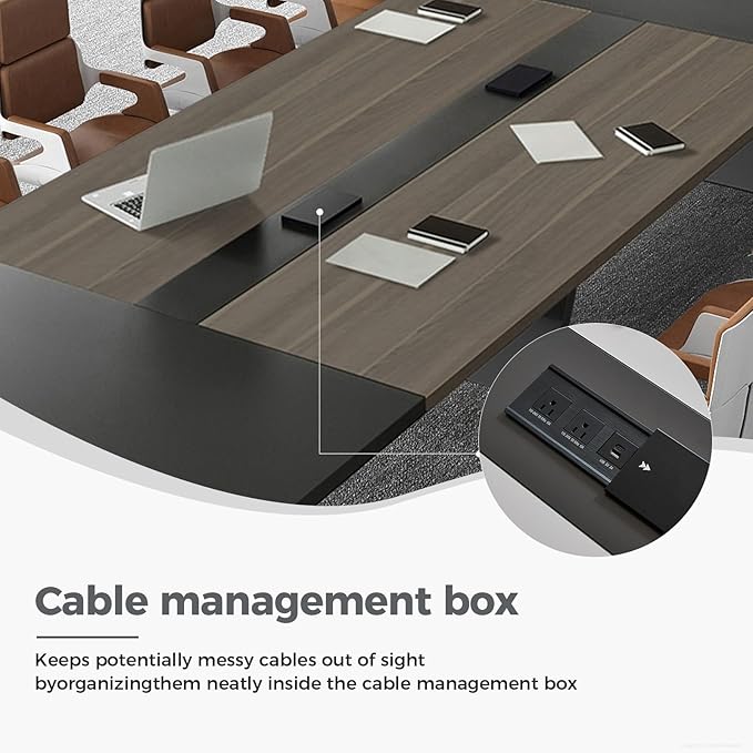 Modern Conference Table with Cable Management, Thickened Top & Trapezoidal Legs – Office Meeting Table for Executive Workspaces (Oak+Gray, 95" L