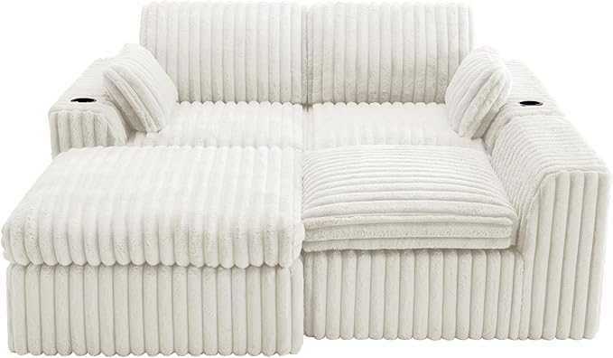 114" Cloud Boneless Sectional Couches for Living Room, Modular Sectional Sofa with Cup Holder, Cozy Fluffy L Shaped Deep Seat Boneless Couch with Storage Pocket, No Assembly Required, White