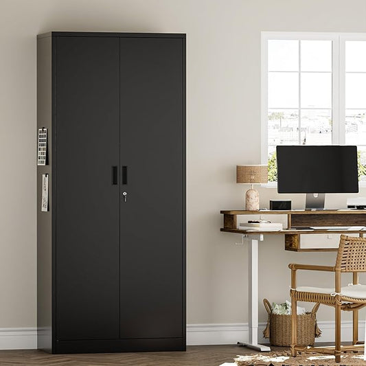 Metal Garage Storage Cabinets,71” Tall Metal File Cabinet with 5 Adjustable Shelves, Lockable Storage Cabinets for Office, Home, Garage, Warehouse 71" H x 32" W x 16" D (Black)