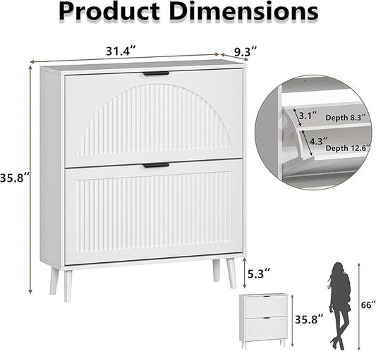 Shoe Cabinet for Entryway with 2 Flip Drawers, Slim Wooden Shoe Storage Organizer with Modern Fluted Pannel,Freestanding Narrow Hidden Shoe Rack for Hallway, Foyer, Living Room