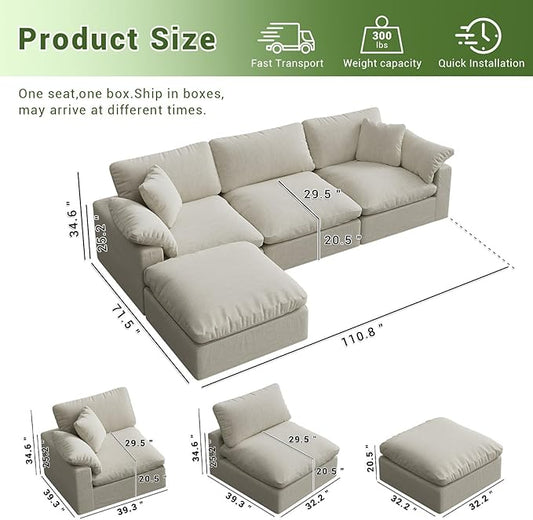 Oversize Cloud Modular Sectional Sofa,110.8" L Shape 3 Seaters with Chaise Down Filled Comfort Sofa Detachable Couch Cushion Covers for Living Room