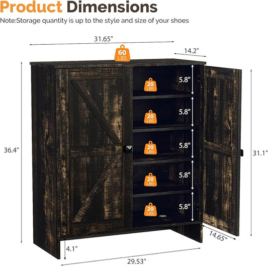 VINGLI Shoe Cabinet with Doors,5 Tier Dark Rustic Oak Wooden Shoe Storage Cabinet for Entryway with Double Barn Doors, Adjustable Shelves, 36.4" Tall Farmhouse Shoe Rack Organizer for Entryway