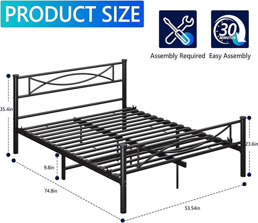Metal Full Single Bed Frame with Storage Space, 74.8" in Steel Bed Frame with Protective Foot Pads, Strong Bearing Capacity Full Size Bed, Easy Assembly, Underbed Storage Space(35.4 inch)