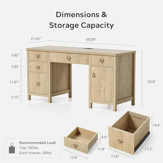 Modern Executive Desk with File Drawers Cabinet,59" Computer Desk with Charging Station, Keyboard Tray, Large Home Office Desk, Farmhouse Wood Desk for Study, Writing, Light Oak