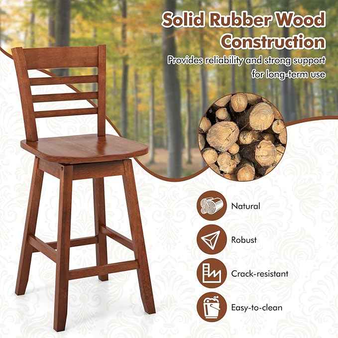 COSTWAY Bar Stools Set of 4, 24.5 Inch Swivel Counter Height Bar Chairs with Hollow Backrest & Contoured Seat, with Footrest for Kitchen Island, Pub, Bistro, Cafe (4, Walnut)