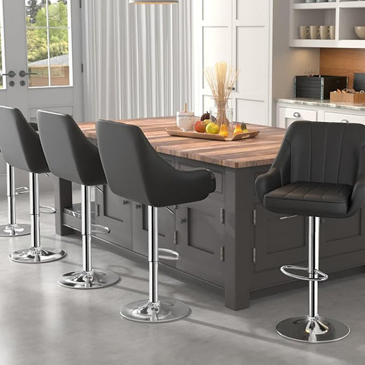 VECELO Barstools Set of 4, Counter Height Bar Stools Adjustable Stools with Back and Arm, Kitchen Island Stools Swivel Bar Chairs for Pub Dinning Room, Black