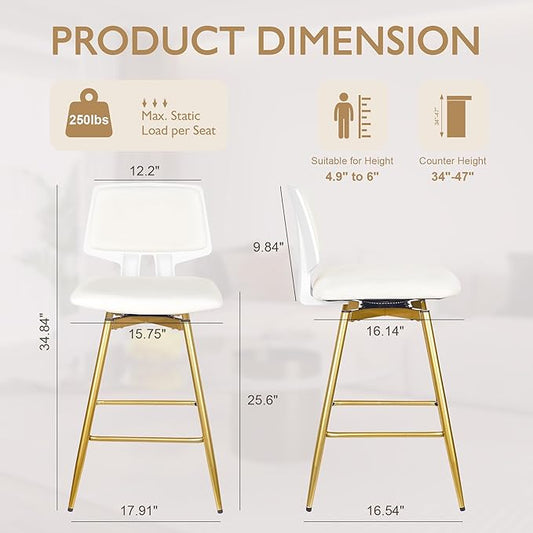 VECELO Swivel Upholstered Bar Stools Set of 4, Counter Height Barstools with Back, Metal Legs, 35.2-Inch Tall Barstools for Kitchen Island, Home Bar, Cafe, White