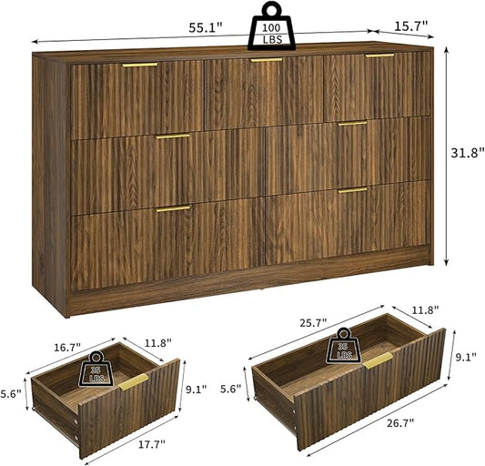 Walnut Fluted 7 Drawer Dresser Bedroom,55” Wide Mid Century Wood Dresser with Gold Handles, Chest of Drawer Wooden TV Stand for Closet,Bedroom,Living Room,Walnut