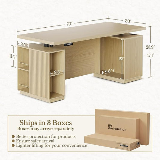 70" Standing Desk with Storage, Executive Electric Height Adjustable Stand Up Desk with AC/USB and Privacy Panel, Large One-Piece Destop, Fluted Computer Desk for Home Office, Light Walnut