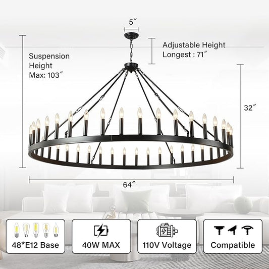 64 Inch Extra Large Black Wagon Wheel Chandelier 42-Light Farmhouse Wagon Wheel Chandeliers Round Industrial Ceiling Light fixtures for Outdoor Porch high Ceilings Living Dining Room Foyer Entryway
