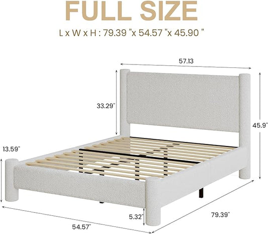 Full Size Bed Frame, Boucle Upholstered Platform Bed with Headboard and Footboard, Soft Rounded Corners, No Box Spring Required, Easy Assembly, White