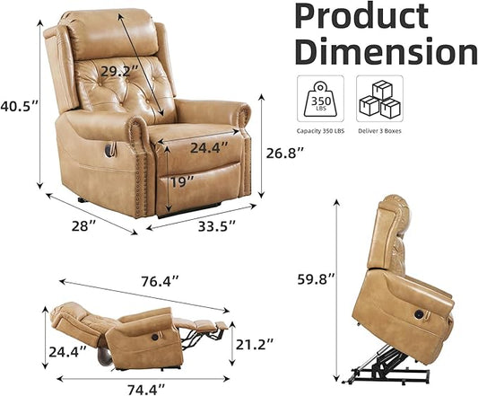 Large Power Lift Recliner Chair for Elderly, Oversized Lay Flat Lift Chair with Adjustable Headrest, Leather Recliner Chairs with Massage and Heat, Infinite Position,Extended Footrest,Beige