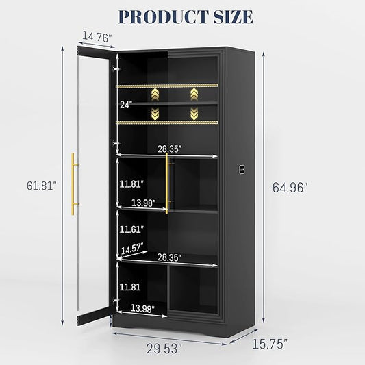 Vlsrka 65" File Cabinet, Filing Cabinets Fit Letter/A4 Size, Storage Cabinet with Doors & Lights, Tall File Bookcase with 2 Adjustable Shelves for Home Office, Living Room, Black