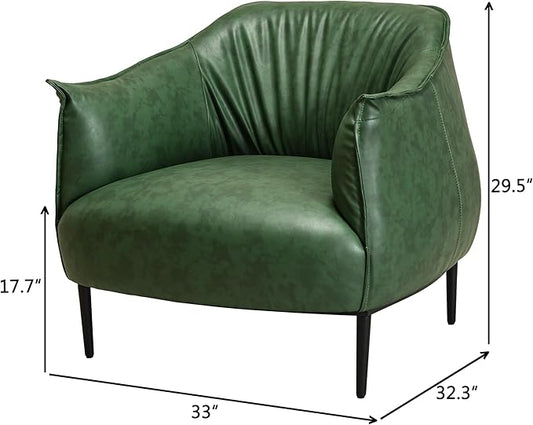 KINWELL 33" W Faux Leather Barrel Chairs Set of 2 with Hand-Tufted Pleated Back Flared Arms, Modern PU Upholstered Accent Chairs with Metal Legs, Large Armchairs Lounge Chairs for Living Room, Green