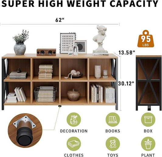 63" 8 Cube Horizontal Bookshelf Long Bookshelf Wood Cube Storage Organizer Rustic Wood Cubby Bookcase for Living Room Walnut