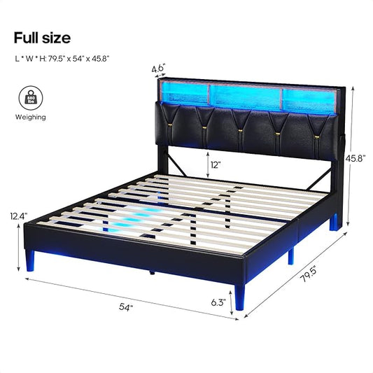 LED Full Bed Frame with Type-C & USB Charging Station, Full Size Bed Frame with Storage Headboard, Modern Pu Leather Platform Bed with Shelf Headboard, Easy Assembly, Noise-Free, Black
