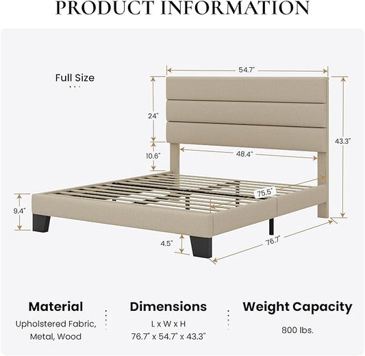 SHA CERLIN Full Platform Bed Frame with Upholstered Fabric Headboard, Mattress Foundation with Strong Wooden Slats Support, No Box Spring Needed, Beige