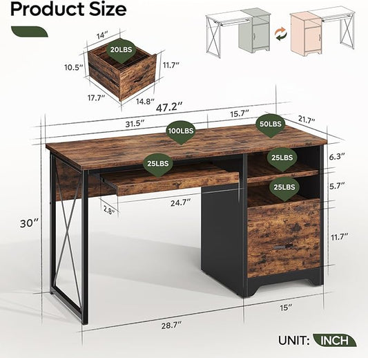 Bestier 47" Computer Desk with Drawers, Home Office Desk with Keyboard Tray, Reversible Industrial Office Desk with Storage Cabinet for Small Space Home Office & Studio, Rustic Brown