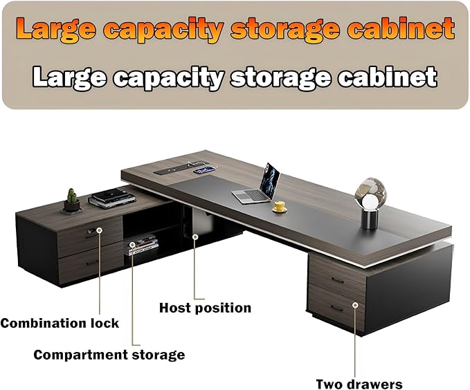 Modern Large Desk, Modern L-shaped Desk With Side Cabinets, Executive Desk With Combination Lock Drawer, Business Furniture Desk With Simple Cable Management (chair Not Included)(63x29.5x94.48inch)