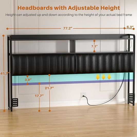 Aheaplus Headboard for King Size Bed Frame, Upholstered Headboards with Outlets, USB Ports and LED Light, Leather Head Board with Storage, Height Adjustable, Comfortable Headboard, King Size, Black