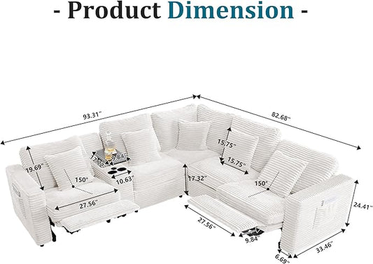 ORRD Oversized Modular Sectional Sofa with 2 Power Reclining, Electric Recliner Couch with Storage Console and Adjustable Headrest, Plush Corduroy Fluffy 5 Seat Corner Sofa for Living Room-White