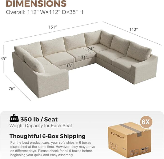 ABCASA Oversized 136" Modular Sectional Sofa, Deep Seat U Shaped Couches for Living Room, Breathable Linen Fabric Corner Couch, Easy to Assemble, Oatmeal
