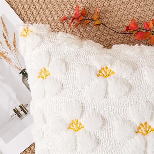 Kevin Textile Fall Floral Pillow Covers 18x18 Inch Set of 2 Cute Flowers Embroidery Decor Soft Plush Faux Fur Throw Pillows Pillowcases for Holiday Harvest Decor Sofa Couch Bedroom, Cream White