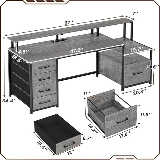 SEDETA Home Office Desk with File Drawer & Power Outlet, 66'' Computer Desk with 5 Drawer, Storage Shelves, Printer Cabinet and Monitor Shelf, Gaming Desk with Led Lights, Grey