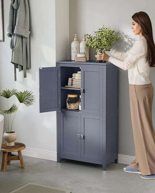 VASAGLE Floor Storage Cabinet, Freestanding Storage Unit with 4 Doors, Adjustable Shelves, 11.8 x 23.6 x 43.3 Inches, for Entryway, Bathroom, Slate Gray UBBC552G01