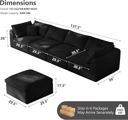 138" Boneless Cloud Couch Modular Sectional Sofa with Deep Seat for Living Room, L Shape Couch with Ottoman, Snowflake Cloth and 40D Memory Sponge,2 Throw Pillows (Black, 4 Seater+4 Ottoman)