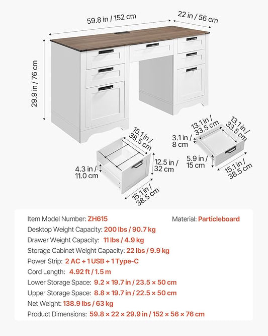 VEVOR 60" Executive Desk with Drawers, Farmhouse Home Office Desk with Charge Station, Keyboard Tray, File Storage Cabinet, 200 LBS Load Capacity Wood Table, Easy Assembly, for Work Study, Walnut