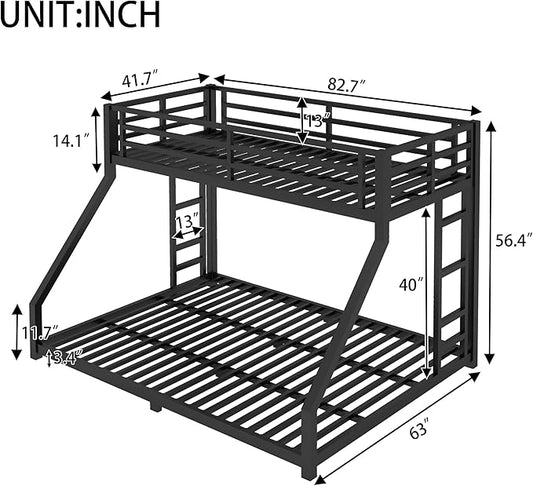 Twin XL Over Queen Bunk Bed Frame with Noise Reduced Design, Heavy Buty Floor Bunk Bed Twin XL Over Queen Bunk Beds with Build in Ladder for Adults, Teens(Black Floor Bunk Bed)