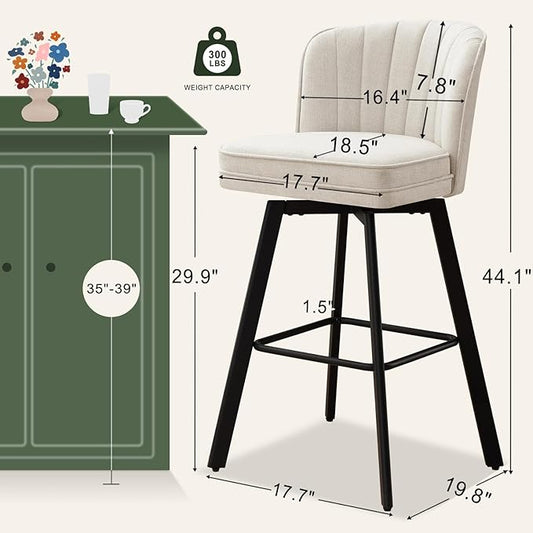 Swivel Counter Height Bar Stools Set of 4, 30'' Modern Barstools with Backs and Metal Legs, Upholstered Bar Chairs, Beige, Fabric Stools for Kitchen Island Chairs