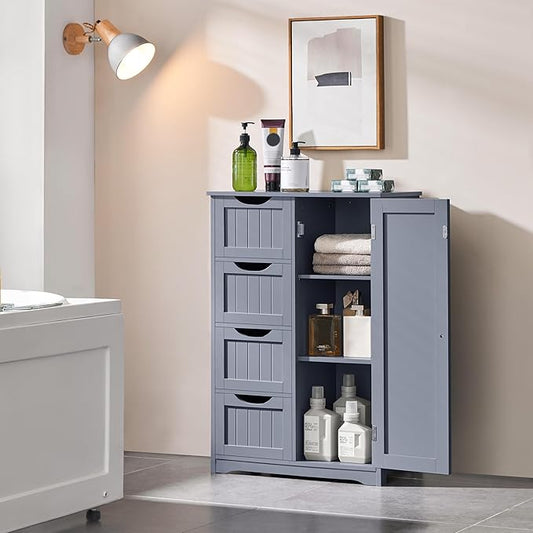 Yaheetech Bathroom Floor Cabinet, Freestanding Storage Organizer Unit Kitchen Cupboard W/ 4 Drawers & Adjustable Shelves, Using for Kitchen/Bathroom, Gray