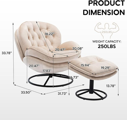 360° Swivel Modern Velvet Accent Chair with Ottoman | Mid-Century Button Tufted Lounge Chair for Living Room & Bedroom, Beige
