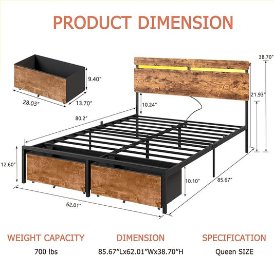 Forestell Queen Bed Frame with Wood Headboard, Metal Platform Bed with 2 Storage Drawers & Shelf, Built-in Charging Station & LED Lights, No Box Spring Needed, Vintage Brown, Cama Queen Size