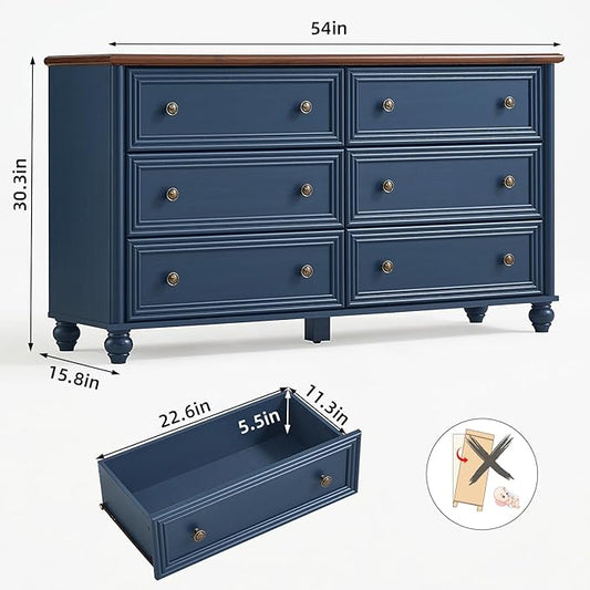 6 Drawers Dresser for Bedroom, Farmhouse 54" Wide Wood Dressers Chest of Drawers, Vintage Design TV Stand, Rustic Storage Dresser Organizer with Metal Handle Closet for Living Room, Hallway