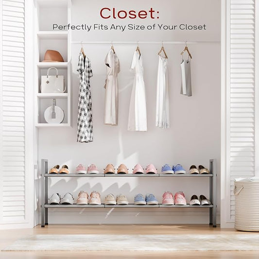 Bumusty 2-Tier Long Expandable Shoe Rack for Closet, 18"-44" Adjustable Shoe Rack for Entryway, 10-12 Pairs Large Shoe Organizer Shelf Storage, Sturdy Metal, Light Grey