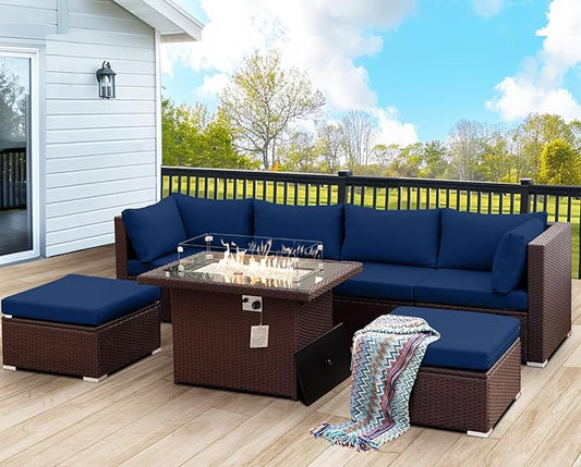 NICESOUL 7 Pcs Patio Conversation Set with Fire Table Natural Gas & Propane, 29.3'' High Backres Outdoor Sectional Sofa Sets, Large Deep Sitting Furniture for Exteriors, Brown Rattan and Blue Cushion