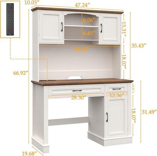 Farmhouse 47" Executive Desk with Hutch, 2 Drawers and LED Light, Computer Desk with Storage Cabinet and Charging Station,Workstation for Home Office and Study.Unique White