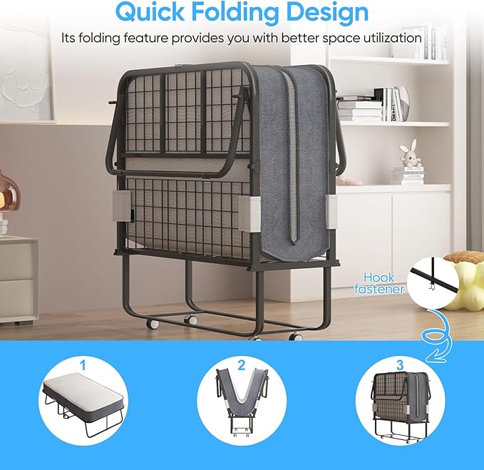 Mjkone Folding Bed with Mattress for Adults, 75" x 31" Rollaway Bed with Mattress, Space Saving Roll Away Frame Lockable Wheel, Sturdy Fold Up Beds and Memory Foam for Bedroom/Guest