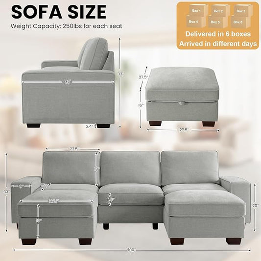 TEKAMON 100"" Modular Sectional Sofa with Seats Storage, U Shaped Couch with Movable Ottomans, Chenille Fabric Couch for Living Room, Removable Cover (LightGrey, 3 Seater & 2 Ottomans-U Shape)