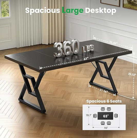 63" Large Executive Desk - Computer Office Desk Workstation, Modern Business Writing Table with Sturdy Metal Legs for Home Office (Black/Black)