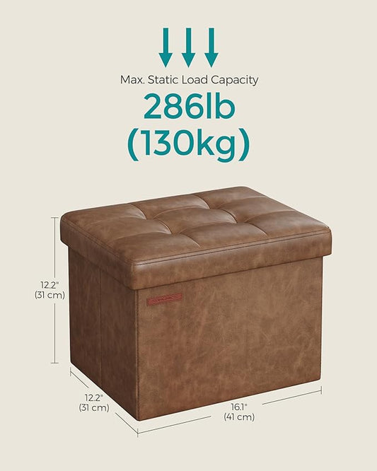 SONGMICS Small Folding Storage Ottoman, Foot Rest Stool, Cube Footrest, Synthetic Leather, 12.2 x 16.1 x 12.2 Inches, 286 lb Capacity, for Living Room, Bedroom, Dorm, Coffee Brown ULSF100K01
