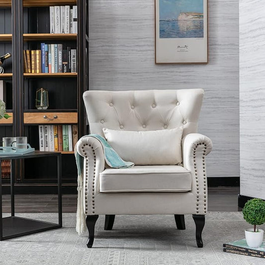 Accent Reading Arm Chairs Set of 2 for Living Room Bedroom, Midcentury Modern Comfy Corner Sofa Chair, Wingback Waiting Room Club Chair with Button Tufted Back &Lumbar Pillow, Linen Beige