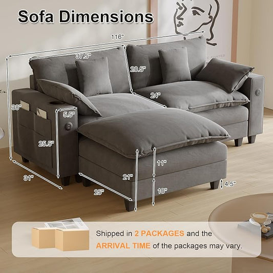 Cloud Couch, Modular Sectional Sofa with Ottoman, Charging Station, Throw Pillows, Cup Holders, Modern Convertible L Shaped Couches for Living Room, Bedroom (Grey, 80.7"- L Shape)