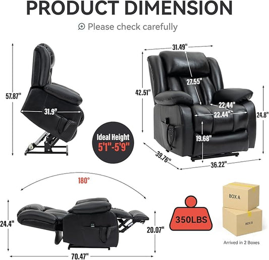 Luxlen Electric Power Lift Recliner Chair with Vibration Massage and Heat, Leather Reclining Chairs for Elderly with Remote Controls, Side Pockets, Big and Tall Recliner, Black