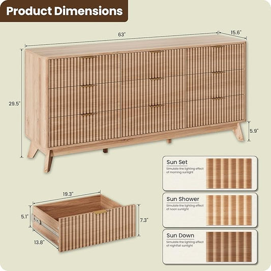 63'' Wide 9 Drawers Dresser for Bedroom,Modern Fluted Vertical Chest with Rounded Corners,Fluted Dresser for Living Room,Hallway, Natural Wood