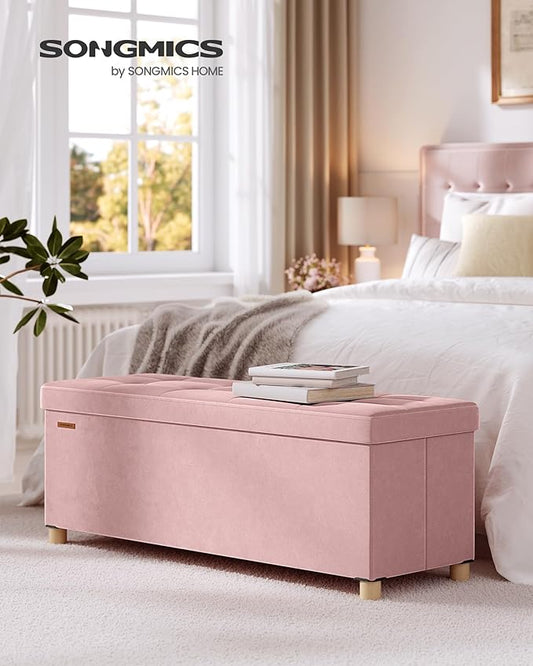 SONGMICS Storage Ottoman Bench, Folding Storage Chest, 15 x 43.3 x 15.7 Inches, Foot Rest Stool, 30 Gal. (112 L), Velvet Surface, for Bedroom, Entryway, Living Room, Jelly Pink ULSF0518R02