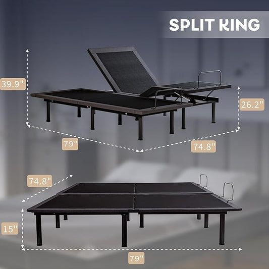 Split King Adjustable Bed Frame with 14 inch Gel Memory Foam Mattress, CertiPUR-US Certified Fiberglass Free, Zero Gravity & Wireless Remote, Head & Foot Incline, 80"×76"